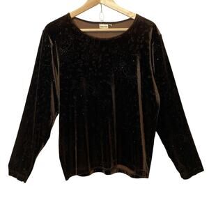 Vintage Madrid Spain Kuem Ha Brown Velvet Bedazzle Leopard Long Sleeve Shirt Top
